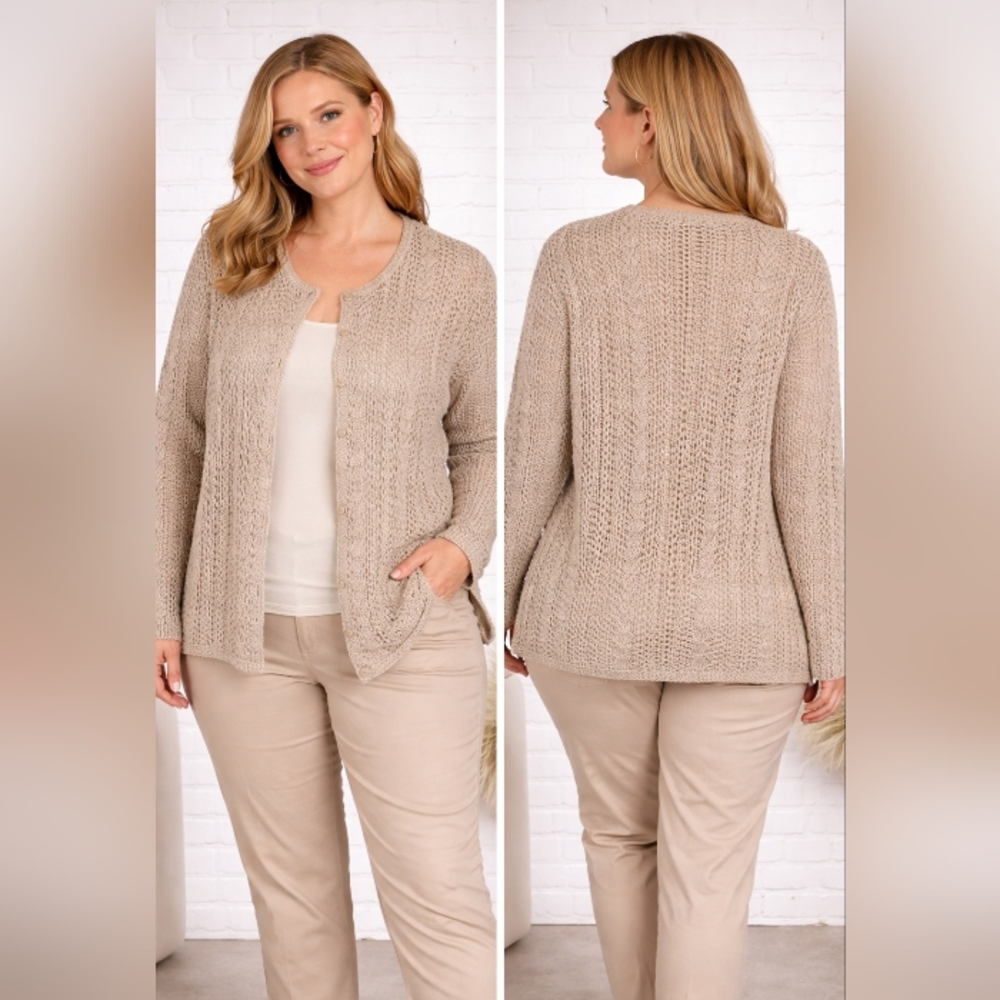 babette ballinger new york beige crochet knit button front cardigan l